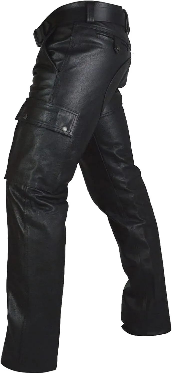 Mens Leather Casual Pants Relaxed Fit Stretch Waist Pu Leather Cargo Pants Plus Size Lightweight Comfy Motorcycle Pants