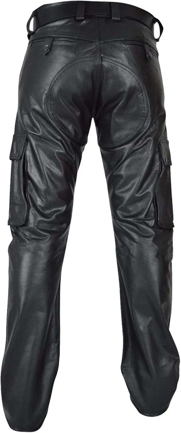 Mens Leather Casual Pants Relaxed Fit Stretch Waist Pu Leather Cargo Pants Plus Size Lightweight Comfy Motorcycle Pants