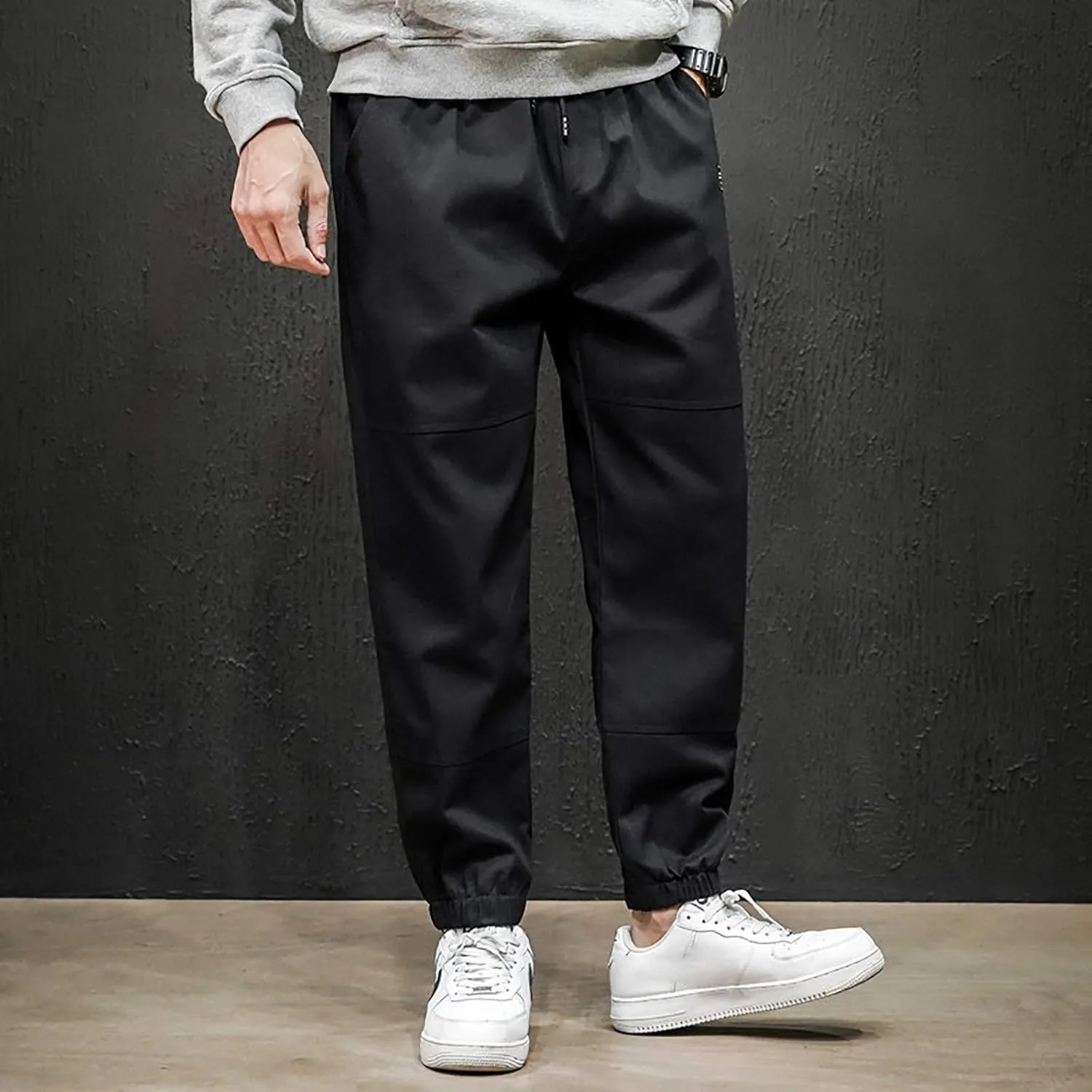 Mens Lightweight Pants Casual Drawstring Elastic Waist Cotton Cargo Pants Loose Solid Beam Feet Sport Sweatpants