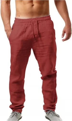 Mens Linen Beach Pants Solid Vacation Summer Slacks Open Bottom Casual Elastic Waist Drawstring Trousers with Pockets