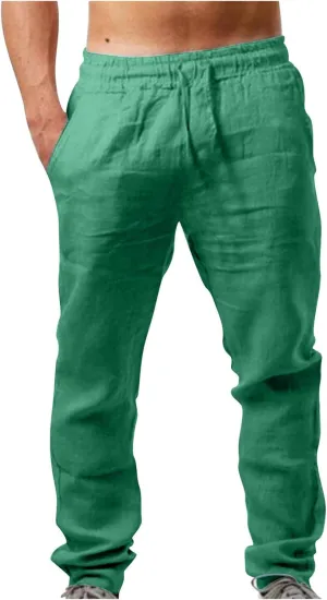 Men's Linen Blend Drawstring Wide Leg Pant Classic Elastic Waist Solid Joggers Pants Casual Hiking Outdoor Trousers