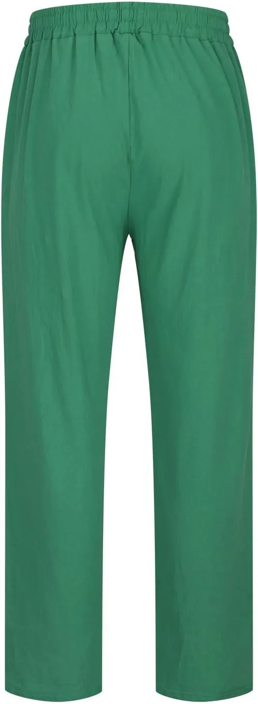 Men's Linen Blend Drawstring Wide Leg Pant Classic Elastic Waist Solid Joggers Pants Casual Hiking Outdoor Trousers
