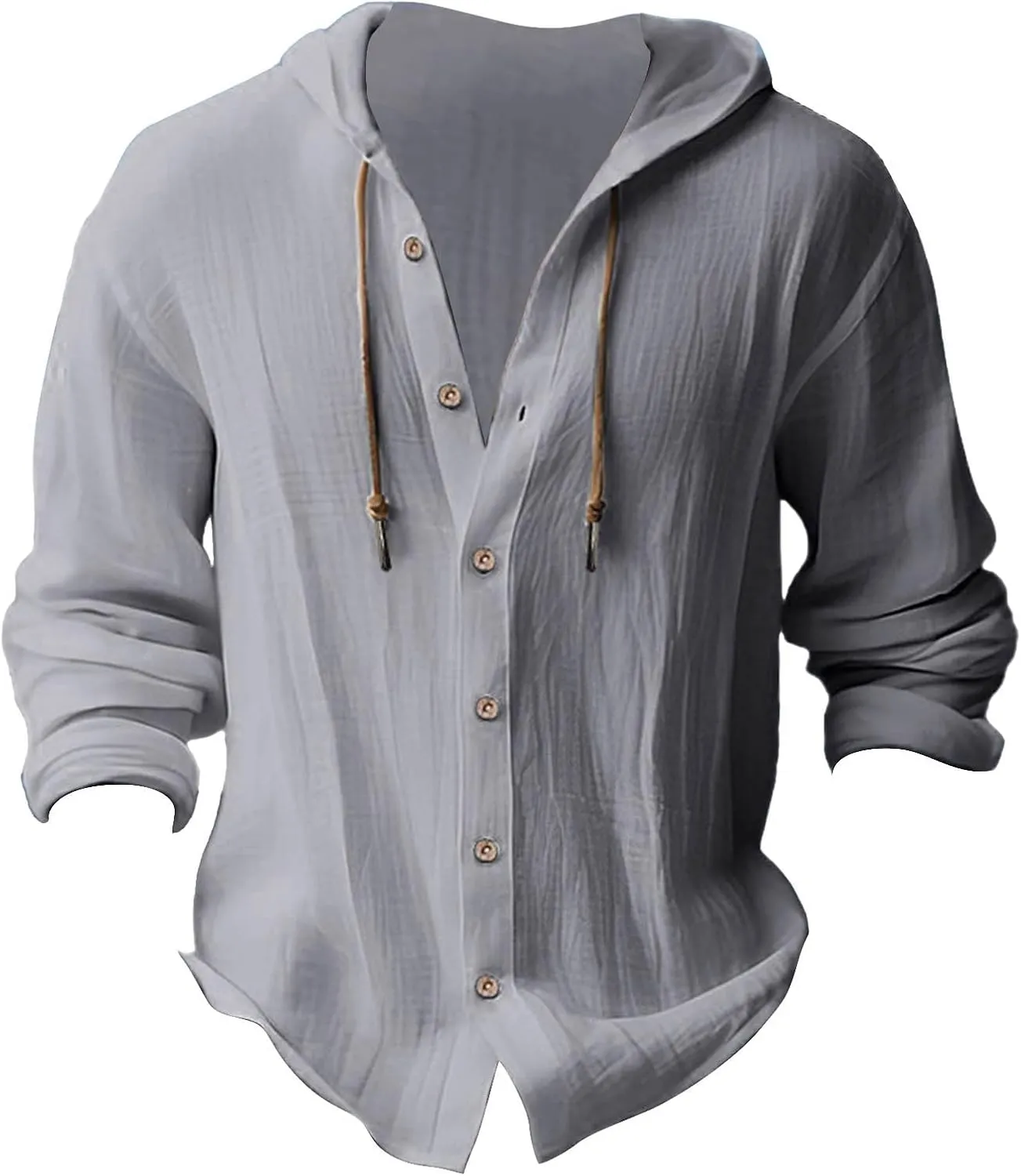 Men's Linen Casual Guayabera Shirts with Hood Lightweight Button V Neck Long Sleeve Hooded Sweatshirts Hawaiian Shirt