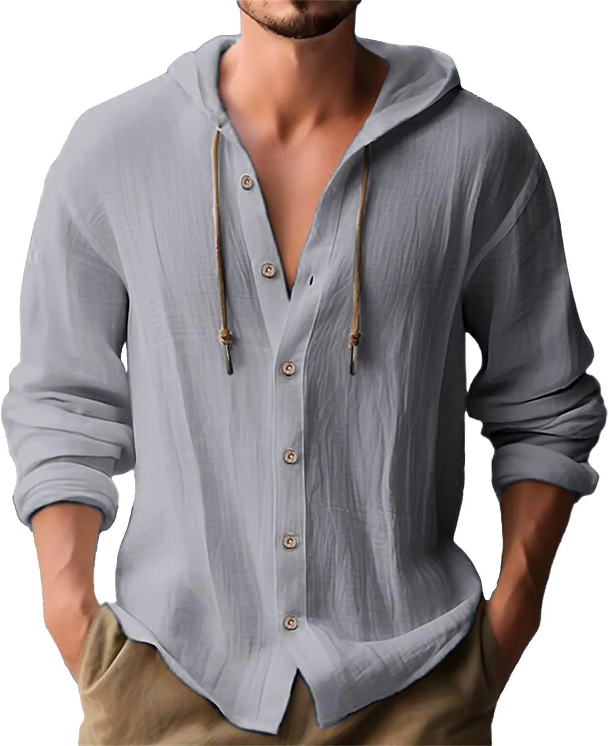 Men's Linen Casual Guayabera Shirts with Hood Lightweight Button V Neck Long Sleeve Hooded Sweatshirts Hawaiian Shirt