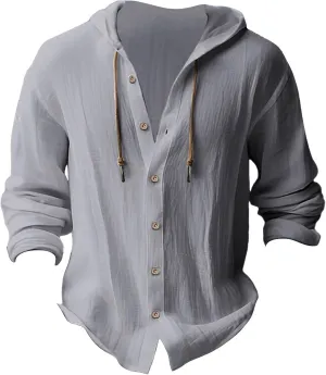 Men's Linen Casual Guayabera Shirts with Hood Lightweight Button V Neck Long Sleeve Hooded Sweatshirts Hawaiian Shirt