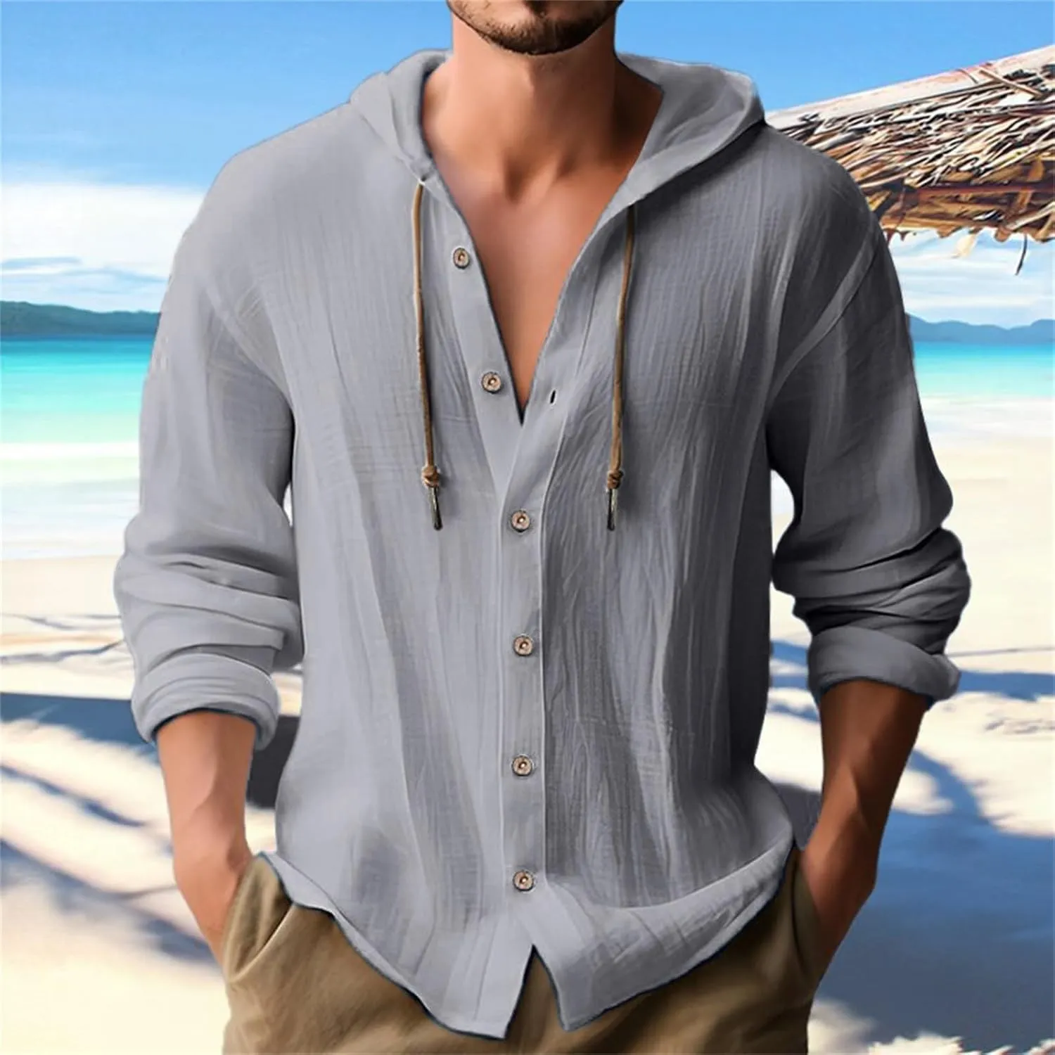 Men's Linen Casual Guayabera Shirts with Hood Lightweight Button V Neck Long Sleeve Hooded Sweatshirts Hawaiian Shirt