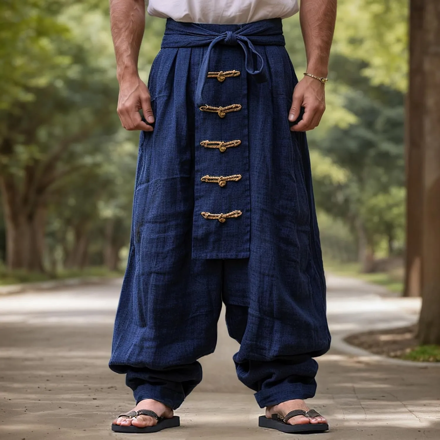 Men's Linen Pants Summer Loose Button Drawstring Elastic Waist Plain Grain Full Length Outdoor Fitness Trousers