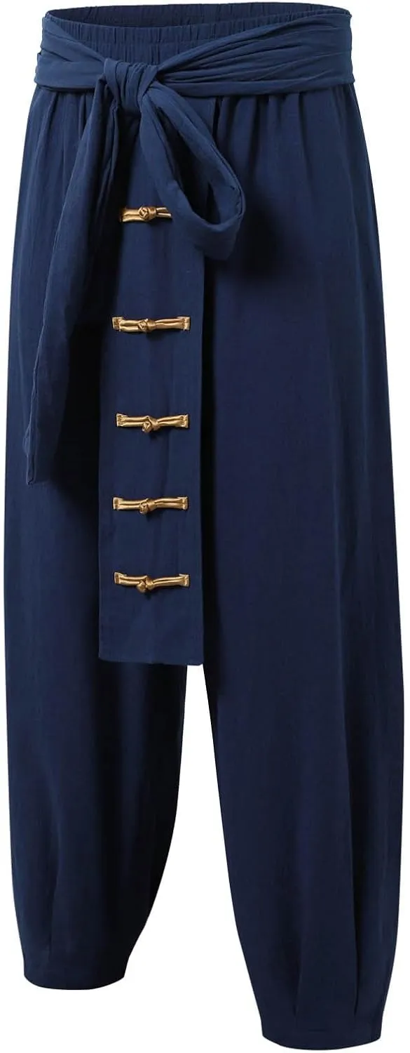 Men's Linen Pants Summer Loose Button Drawstring Elastic Waist Plain Grain Full Length Outdoor Fitness Trousers