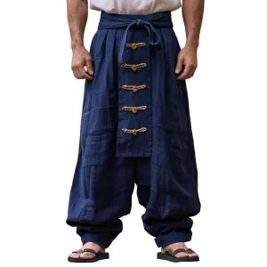 Men's Linen Pants Summer Loose Button Drawstring Elastic Waist Plain Grain Full Length Outdoor Fitness Trousers