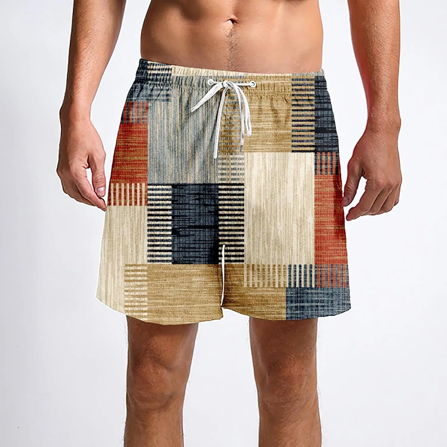 Mens Linen Plaid Bermuda Shorts Ethnic Pattern Jogger Shorts Summer Straight Drawstring Beach Short with Pockets