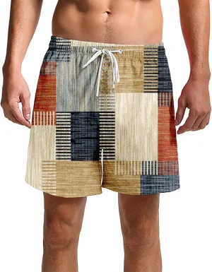 Mens Linen Plaid Bermuda Shorts Ethnic Pattern Jogger Shorts Summer Straight Drawstring Beach Short with Pockets