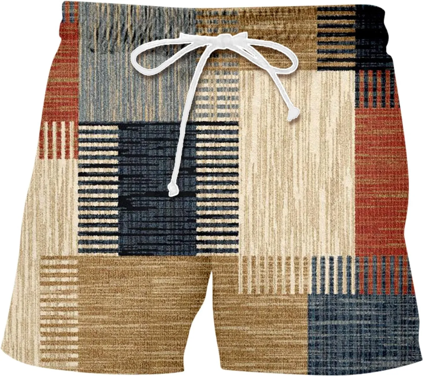 Mens Linen Plaid Bermuda Shorts Ethnic Pattern Jogger Shorts Summer Straight Drawstring Beach Short with Pockets