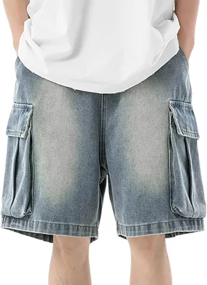Men's Loose Y2K Hip Hop Cropped Jean Shorts Work Denim Shorts with Pockets Casual Trendy Outfits