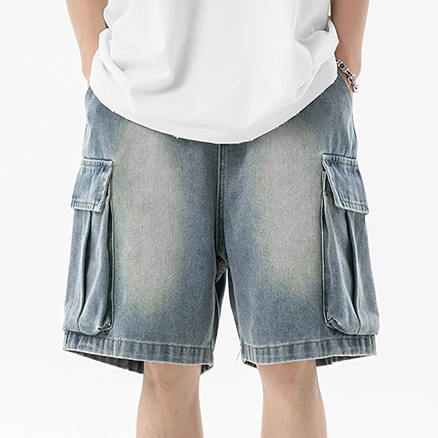Men's Loose Y2K Hip Hop Cropped Jean Shorts Work Denim Shorts with Pockets Casual Trendy Outfits