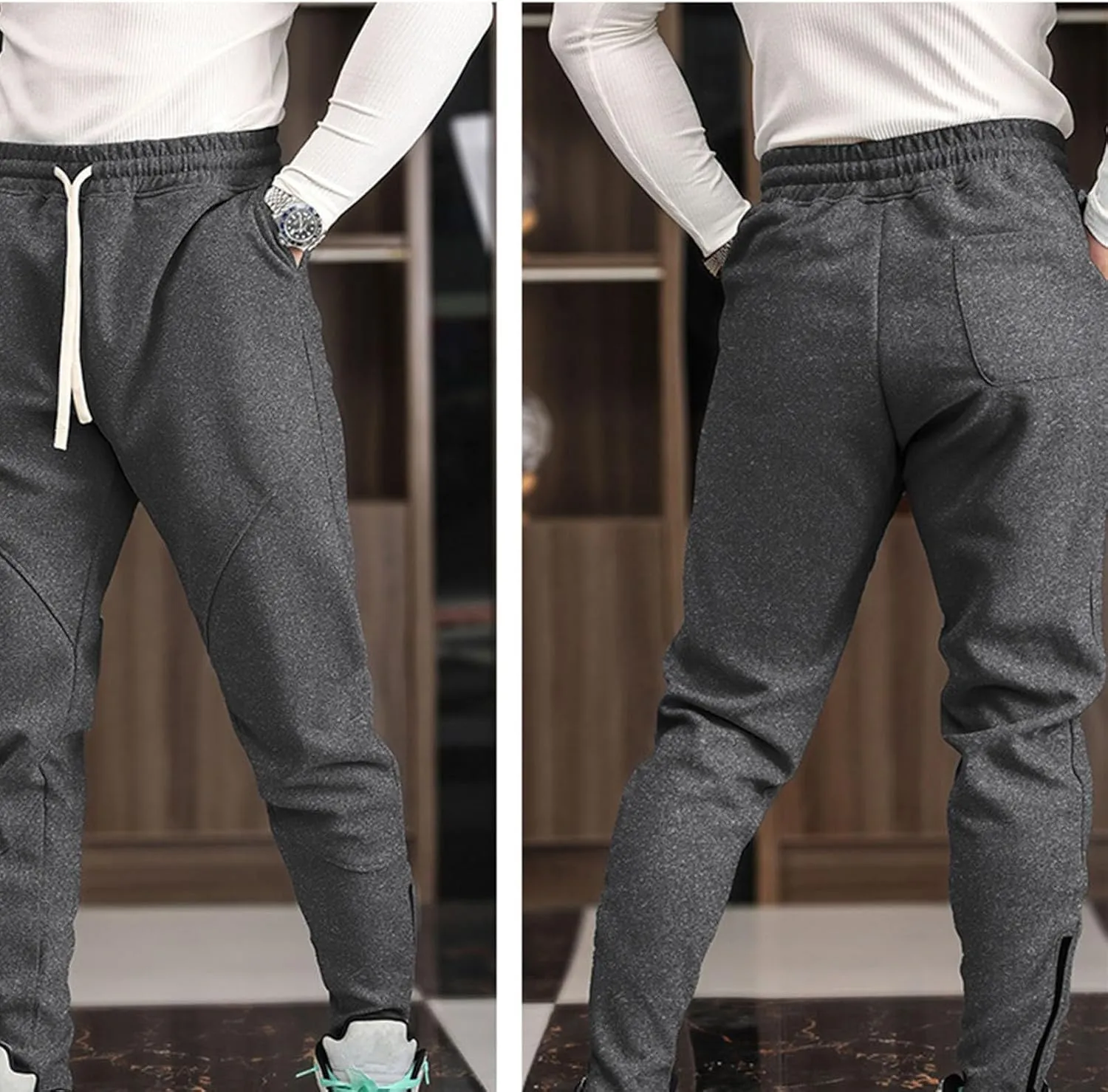 Men's Multi-Pocket Cargo Pants Drawstring Sports Jogger Elastic Waist Sweatpants Fleece Travel Trouser Comfy Pant