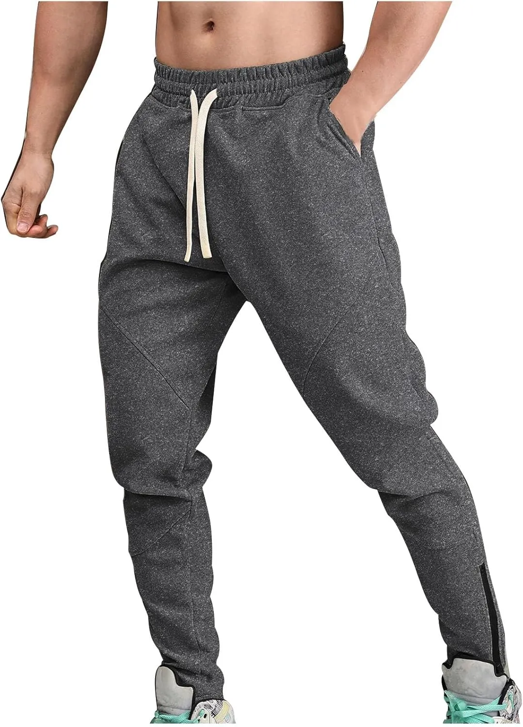 Men's Multi-Pocket Cargo Pants Drawstring Sports Jogger Elastic Waist Sweatpants Fleece Travel Trouser Comfy Pant