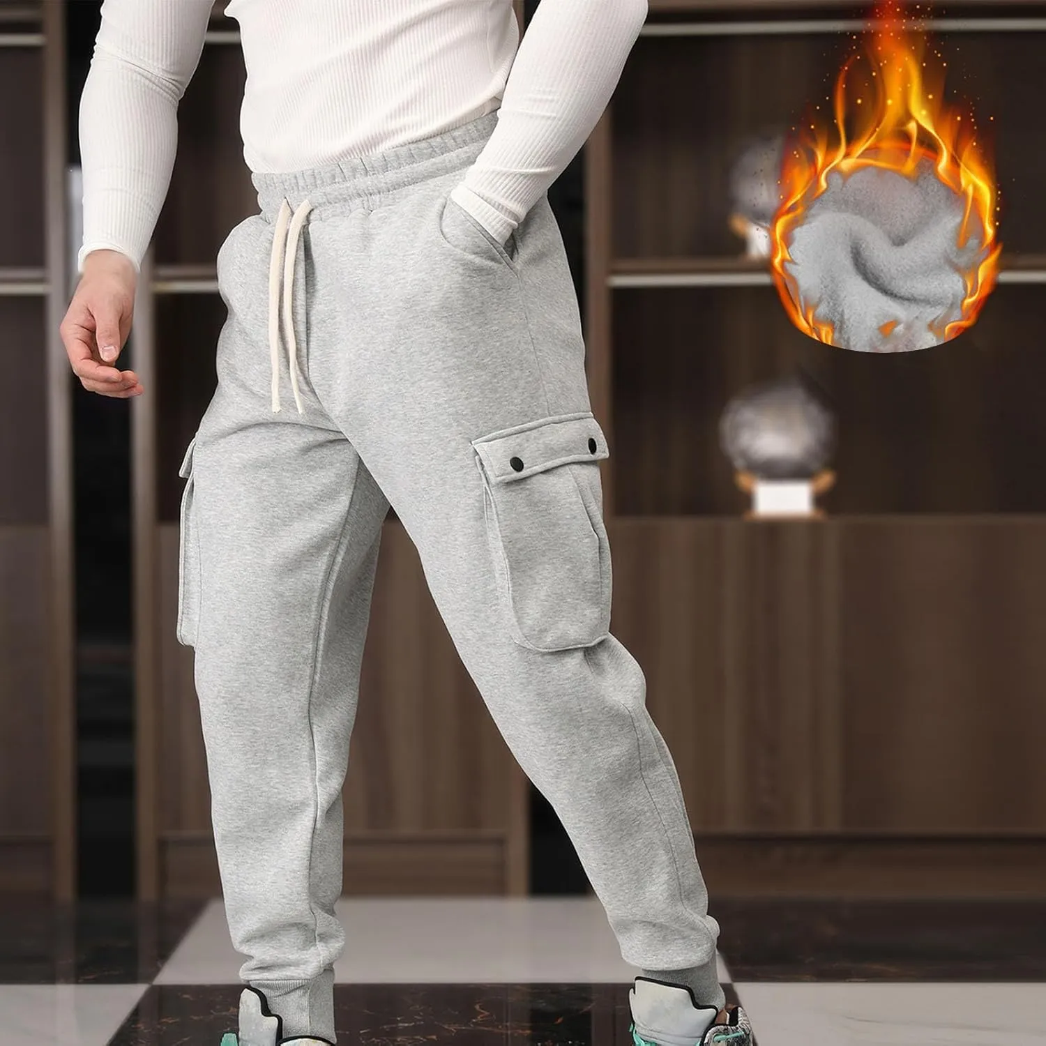 Men's Multi-Pocket Cargo Pants Drawstring Sports Jogger Elastic Waist Sweatpants Fleece Travel Trouser Comfy Pant