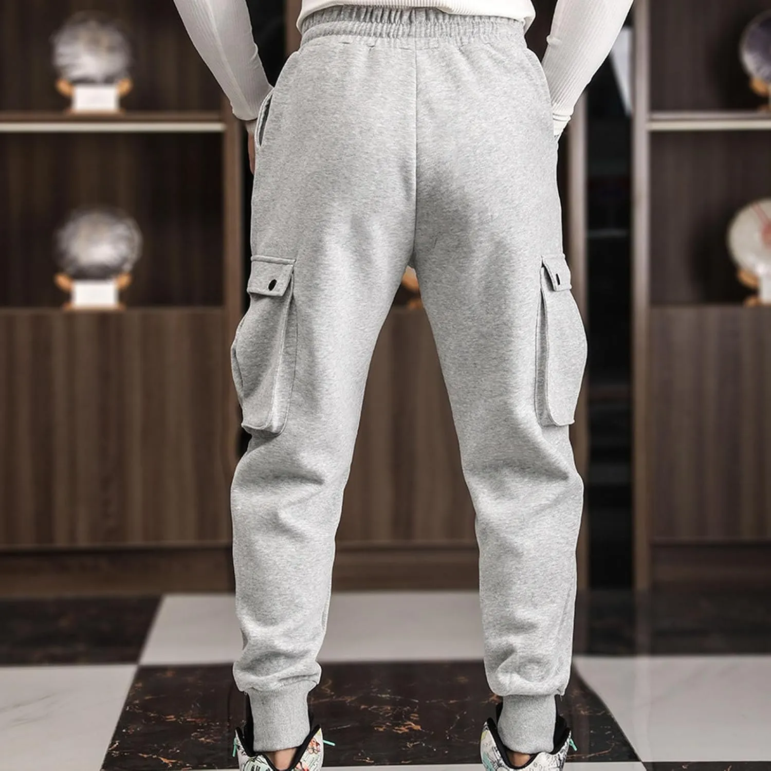 Men's Multi-Pocket Cargo Pants Drawstring Sports Jogger Elastic Waist Sweatpants Fleece Travel Trouser Comfy Pant