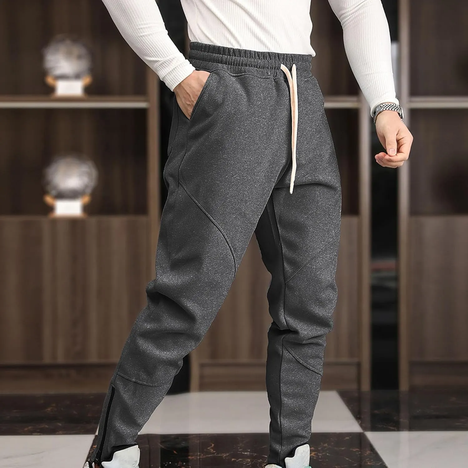 Men's Multi-Pocket Cargo Pants Drawstring Sports Jogger Elastic Waist Sweatpants Fleece Travel Trouser Comfy Pant
