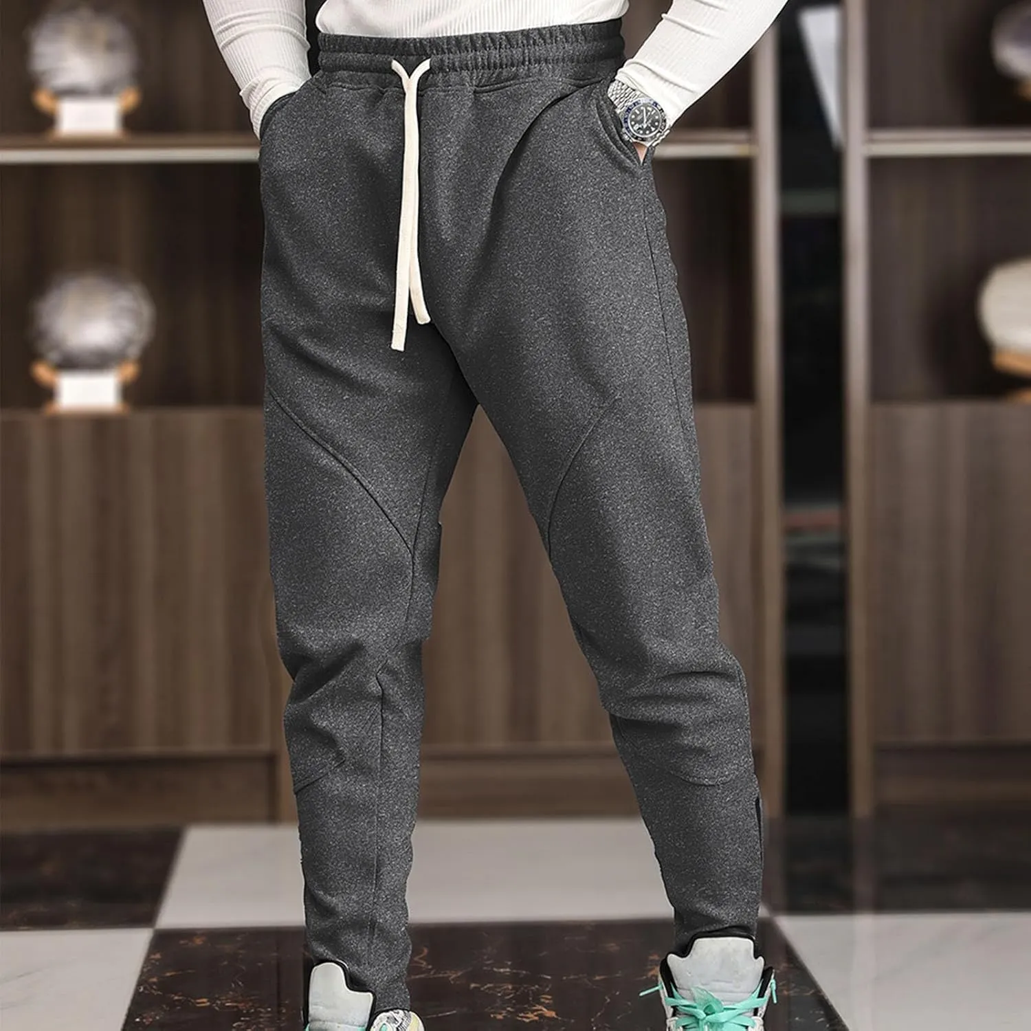 Men's Multi-Pocket Cargo Pants Drawstring Sports Jogger Elastic Waist Sweatpants Fleece Travel Trouser Comfy Pant