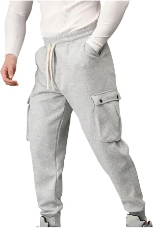 Men's Multi-Pocket Cargo Pants Drawstring Sports Jogger Elastic Waist Sweatpants Fleece Travel Trouser Comfy Pant