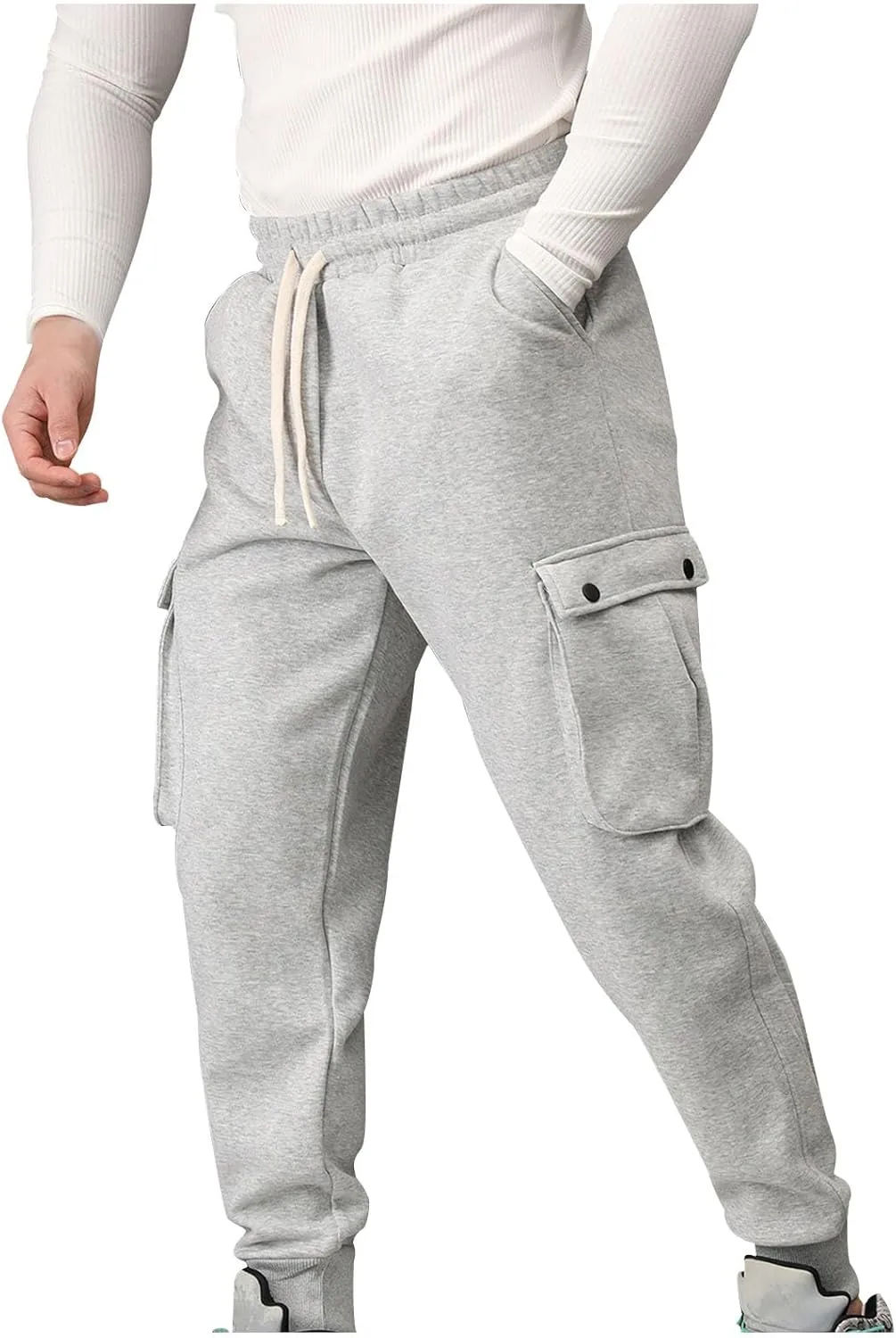 Men's Multi-Pocket Cargo Pants Drawstring Sports Jogger Elastic Waist Sweatpants Fleece Travel Trouser Comfy Pant