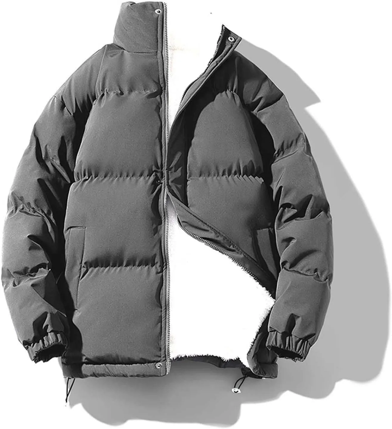 Men's New Zipper Open-Front Cardigan Jacket Coat Tops, Stand Collar Cotton-Padded Coat Solid Fleecing Long Sleeve Coat