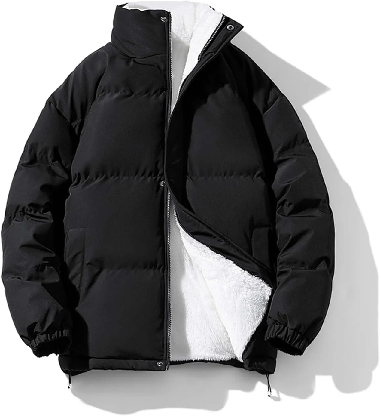 Men's New Zipper Open-Front Cardigan Jacket Coat Tops, Stand Collar Cotton-Padded Coat Solid Fleecing Long Sleeve Coat