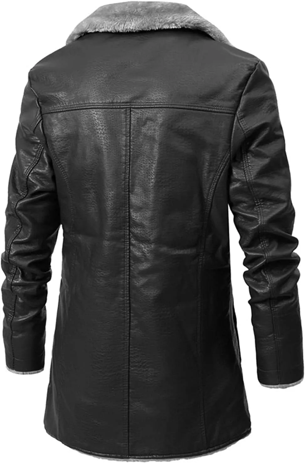 Mens Notched Lapel Faux Leather Sherpa Lined Jacket Thick Button Down Long PU Trench Coats Multi Color with Pockets
