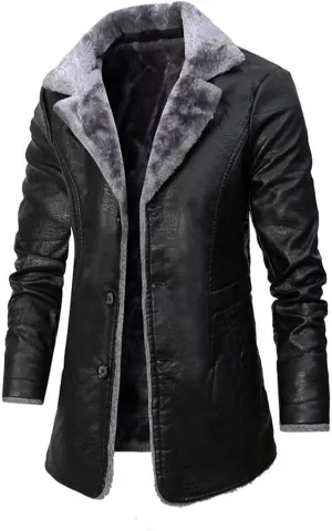 Mens Notched Lapel Faux Leather Sherpa Lined Jacket Thick Button Down Long PU Trench Coats Multi Color with Pockets