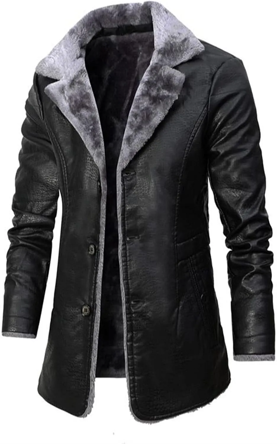 Mens Notched Lapel Faux Leather Sherpa Lined Jacket Thick Button Down Long PU Trench Coats Multi Color with Pockets