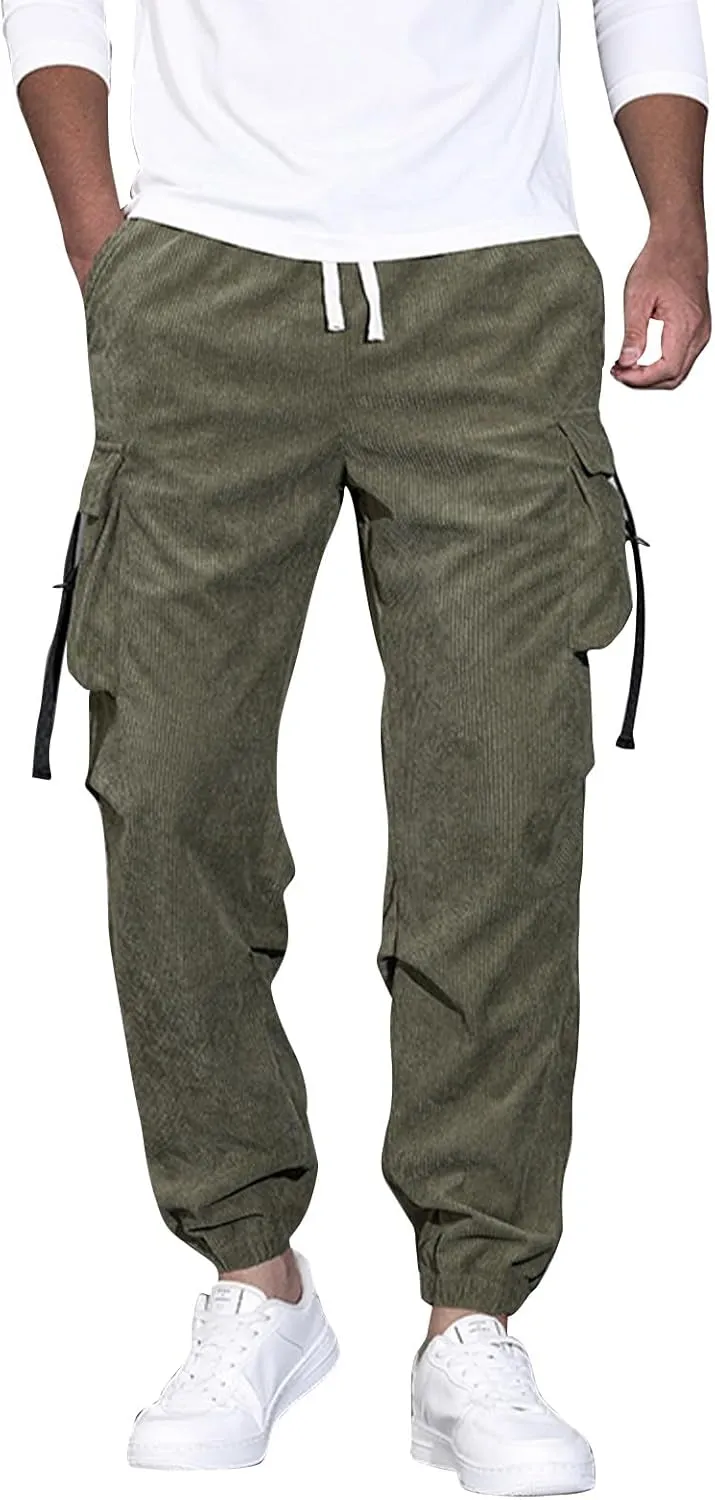 Mens Outdoor Cargo Pants Big and Tall Elastic Waist Pants with Multi-Pocket Slim Drawstring Large Trousers