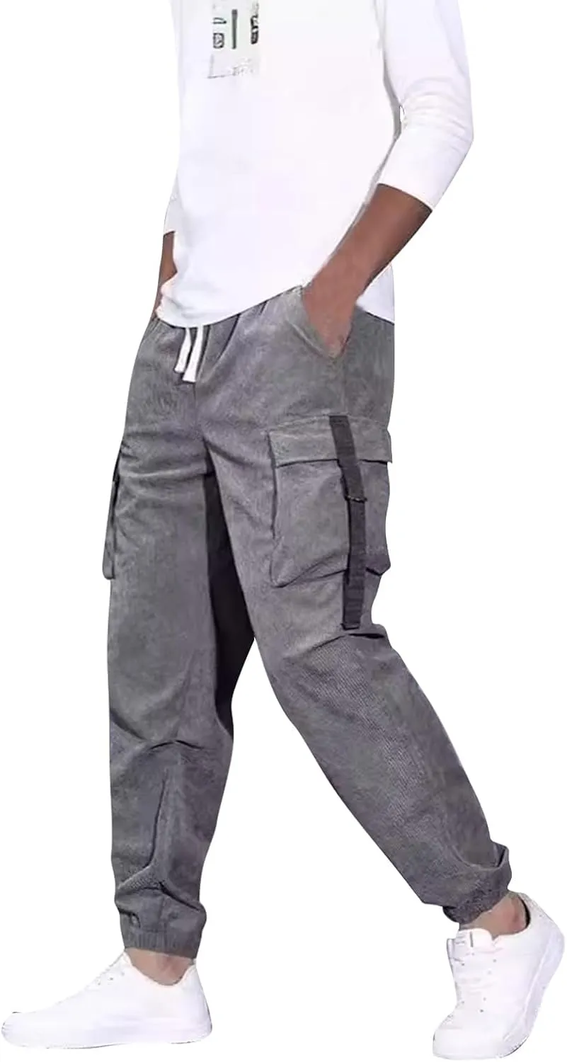 Mens Outdoor Cargo Pants Big and Tall Elastic Waist Pants with Multi-Pocket Slim Drawstring Large Trousers