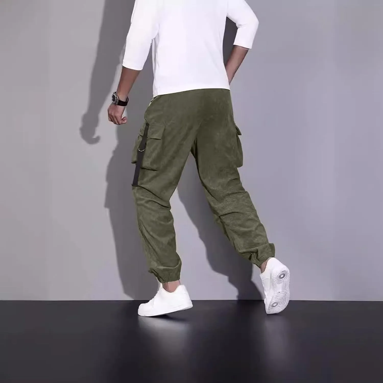 Mens Outdoor Cargo Pants Big and Tall Elastic Waist Pants with Multi-Pocket Slim Drawstring Large Trousers