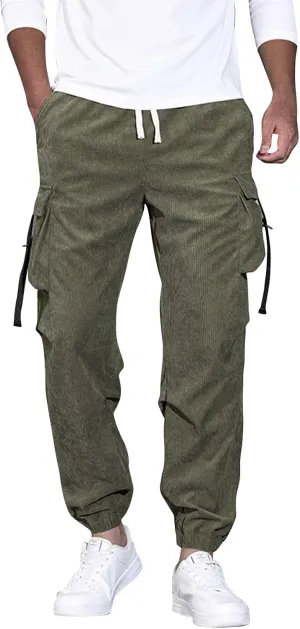 Mens Outdoor Cargo Pants Big and Tall Elastic Waist Pants with Multi-Pocket Slim Drawstring Large Trousers