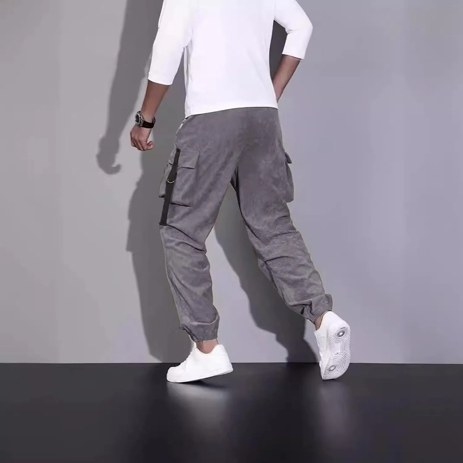 Mens Outdoor Cargo Pants Big and Tall Elastic Waist Pants with Multi-Pocket Slim Drawstring Large Trousers