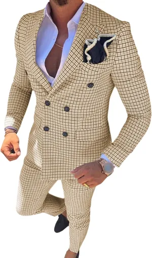Men's Plaid Business Double-Breasted 2-Piece Suit Slim Fit Wedding Blazer Jacket Tux Suit Casual Notched Lapel Suit
