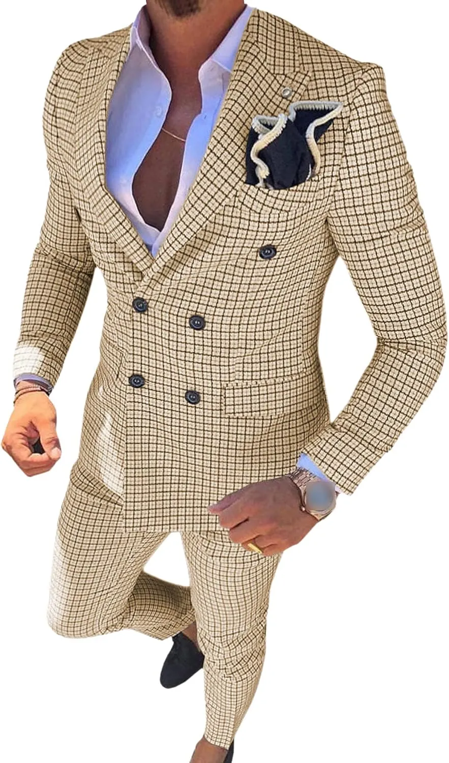 Men's Plaid Business Double-Breasted 2-Piece Suit Slim Fit Wedding Blazer Jacket Tux Suit Casual Notched Lapel Suit