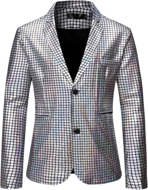 Men's Plaid Party Nightclub Dress Suit Jacket 2 Button Metallic Fashion Blazer Sequin Slim Fit Stylish Sport Coat