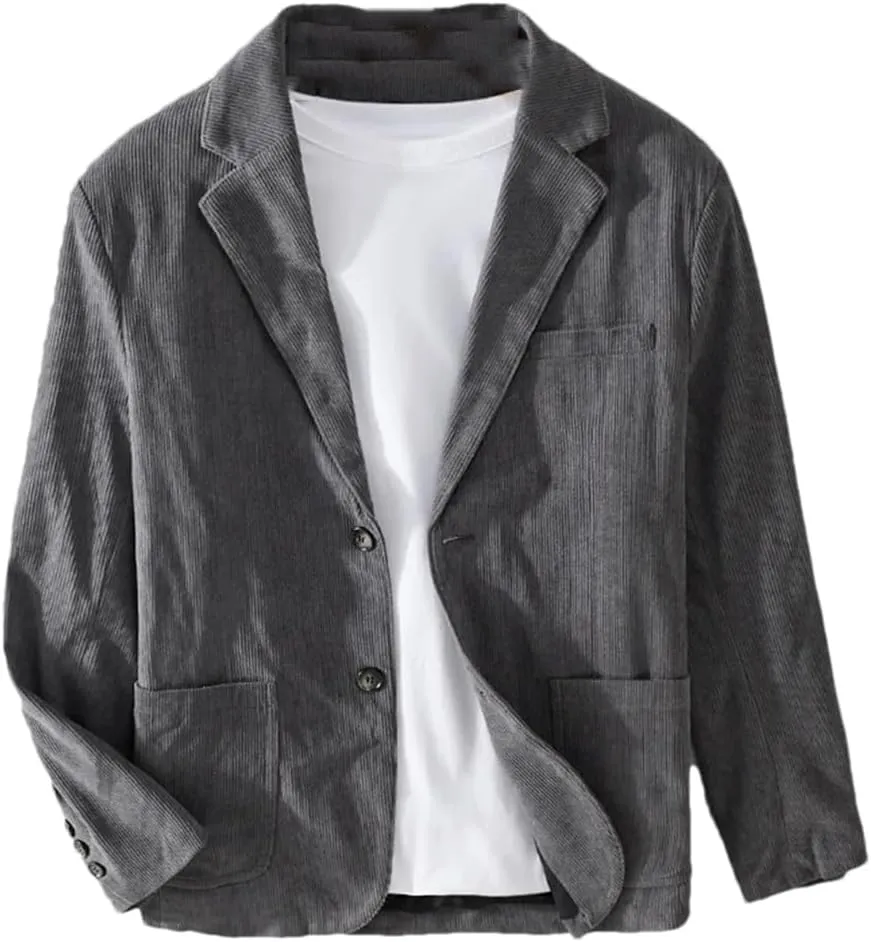Men's Polyester Casual Jacket, Button-Down Corduroy Slim-Fit Suit Jacket Pockets
