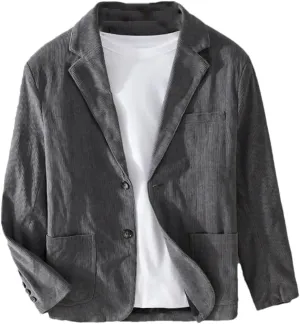 Men's Polyester Casual Jacket, Button-Down Corduroy Slim-Fit Suit Jacket Pockets