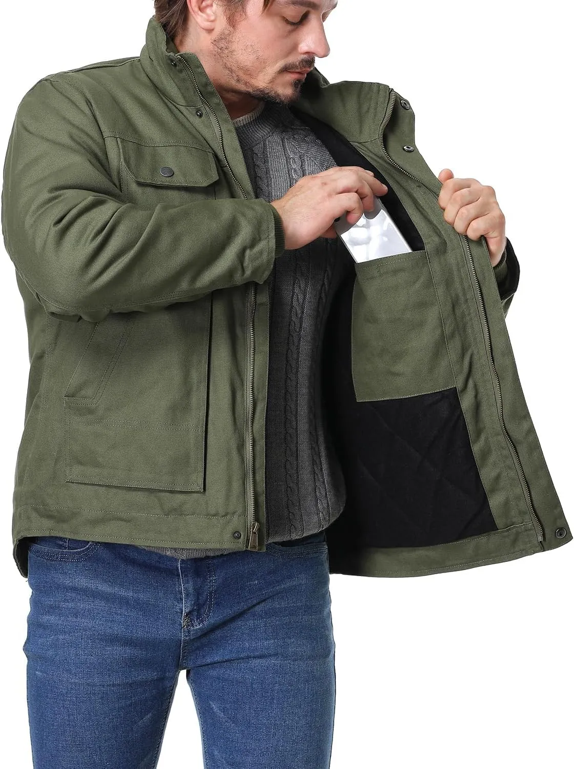 Men's Quilted Flannel Lined Work Coat Long-Lasting Loose Casual Jacket Waterproof Workwear
