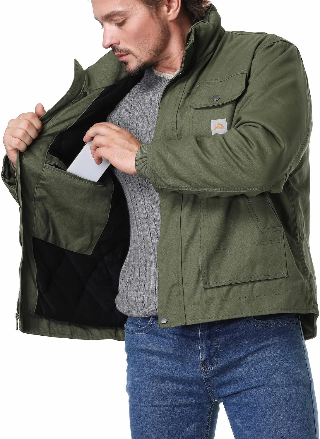 Men's Quilted Flannel Lined Work Coat Long-Lasting Loose Casual Jacket Waterproof Workwear