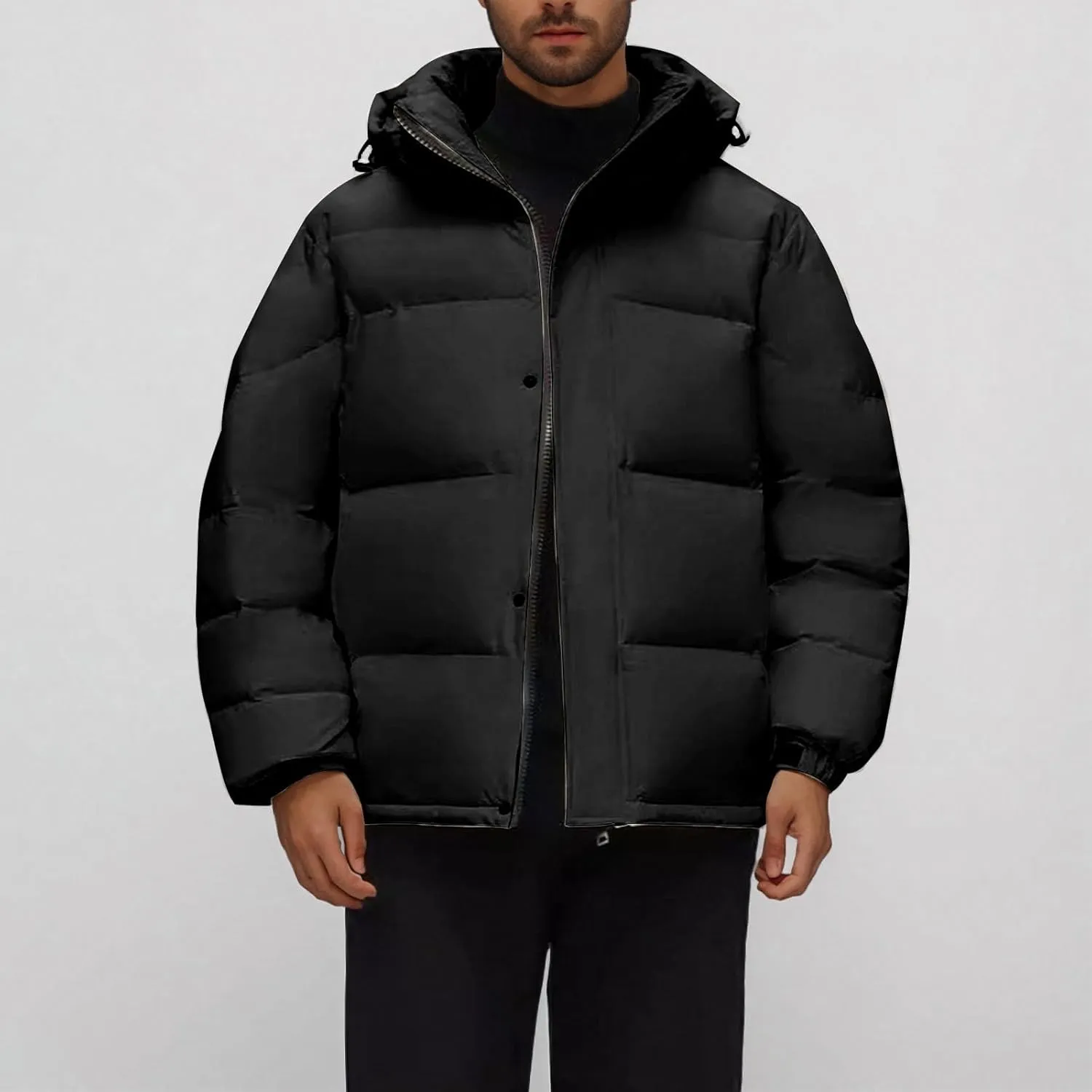 Men's Quilted Puffer Down Jacket Hooded Zipper Long Sleeve Thicken Coat Warm Winter Windproof Coat Outwear Plus Size
