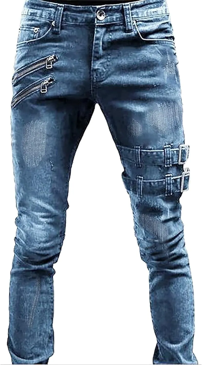 Men's Regular Fit Jeans Fit Ripped Trousers Slim Straight Men's Pants Washed Old Loose Fashion Casual Jeans Men Blue
