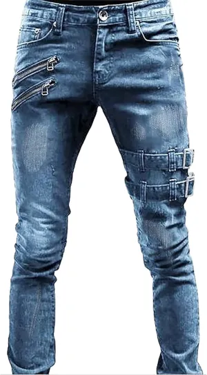 Men's Regular Fit Jeans Fit Ripped Trousers Slim Straight Men's Pants Washed Old Loose Fashion Casual Jeans Men Blue