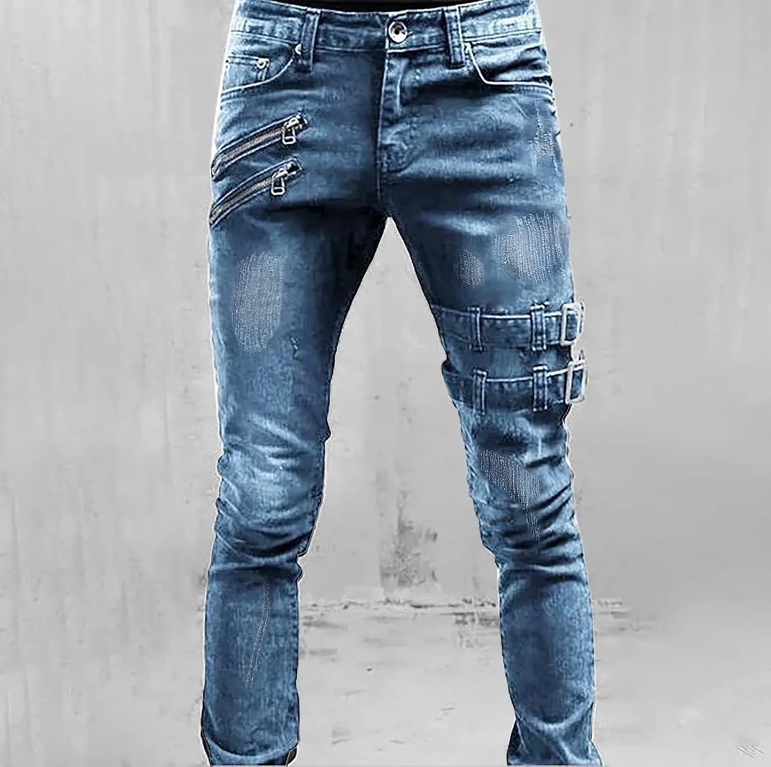 Men's Regular Fit Jeans Fit Ripped Trousers Slim Straight Men's Pants Washed Old Loose Fashion Casual Jeans Men Blue