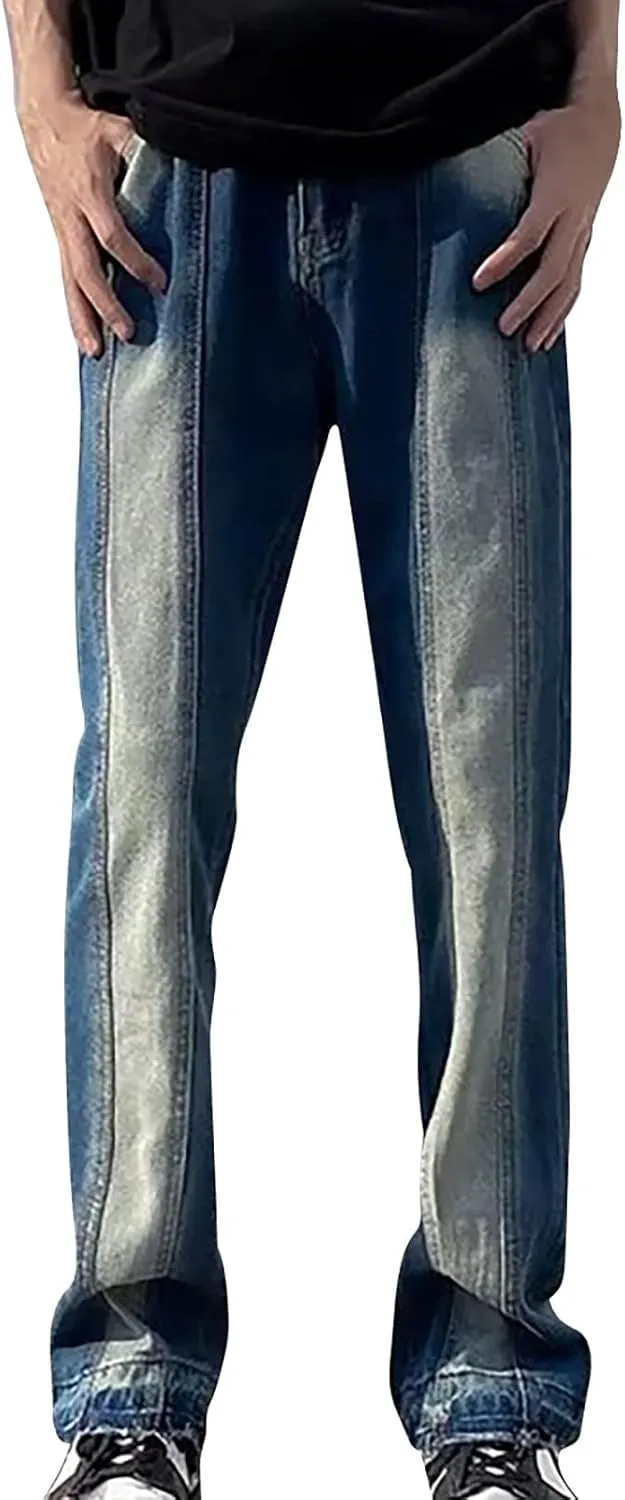 Men's Regular Fit Straight Hole Buckle Zipper Middle Waist Denim Long Pants Trousers Pants Wide Leg Trousers Pants