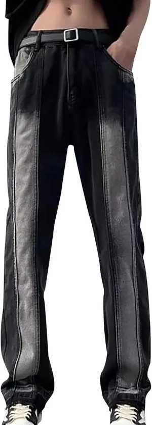 Men's Regular Fit Straight Hole Buckle Zipper Middle Waist Denim Long Pants Trousers Pants Wide Leg Trousers Pants