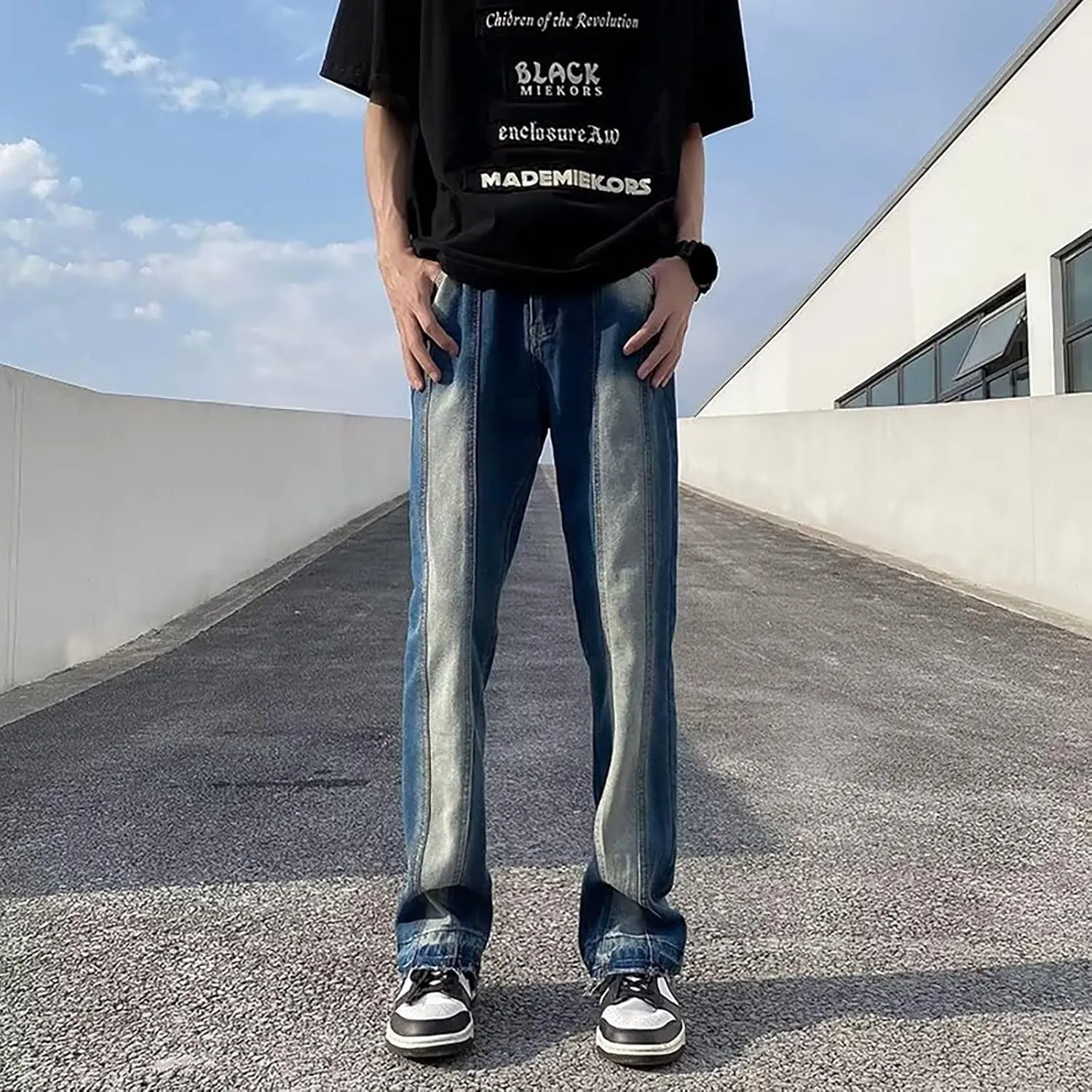 Men's Regular Fit Straight Hole Buckle Zipper Middle Waist Denim Long Pants Trousers Pants Wide Leg Trousers Pants